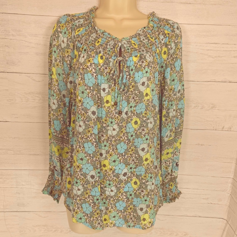 Jane + Delancey Cottage blue yellow floral Peasant Blouse Smocked small romantic - Picture 2 of 11